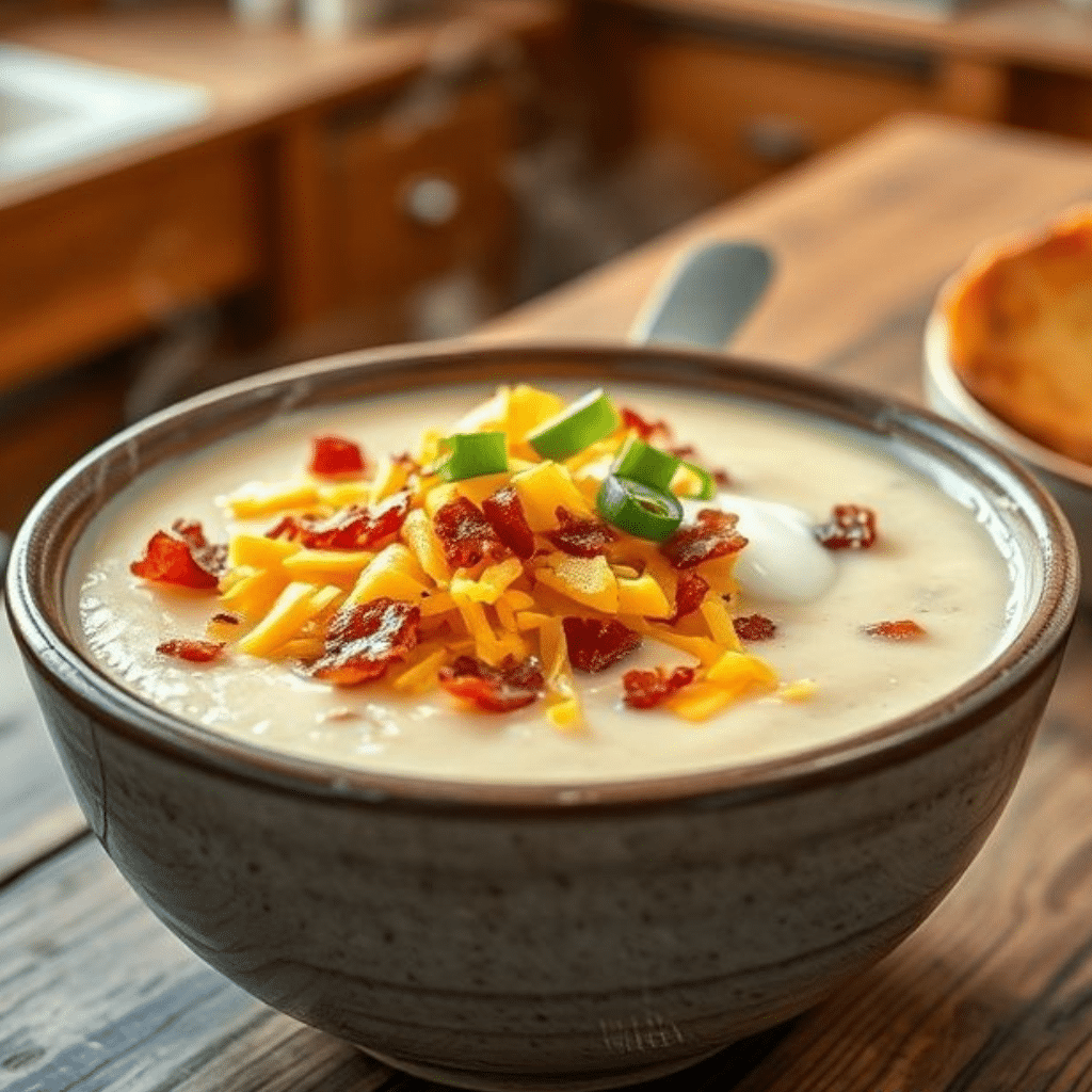 Baked Potato Soup topped with cheese, bacon, sour cream, and green onions