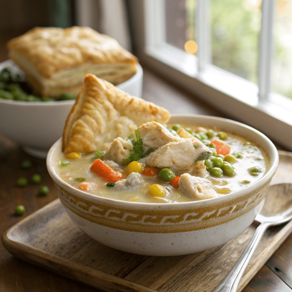 Chicken Pot Pie Soup Recipe served in a rustic bowl with puff pastry