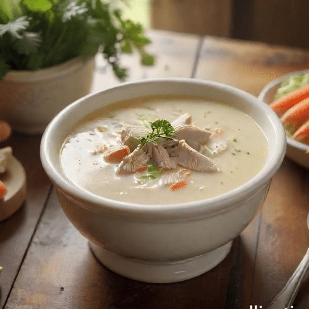Creamy Chicken Soup in a rustic bowl with chicken, carrots, celery, and noodles