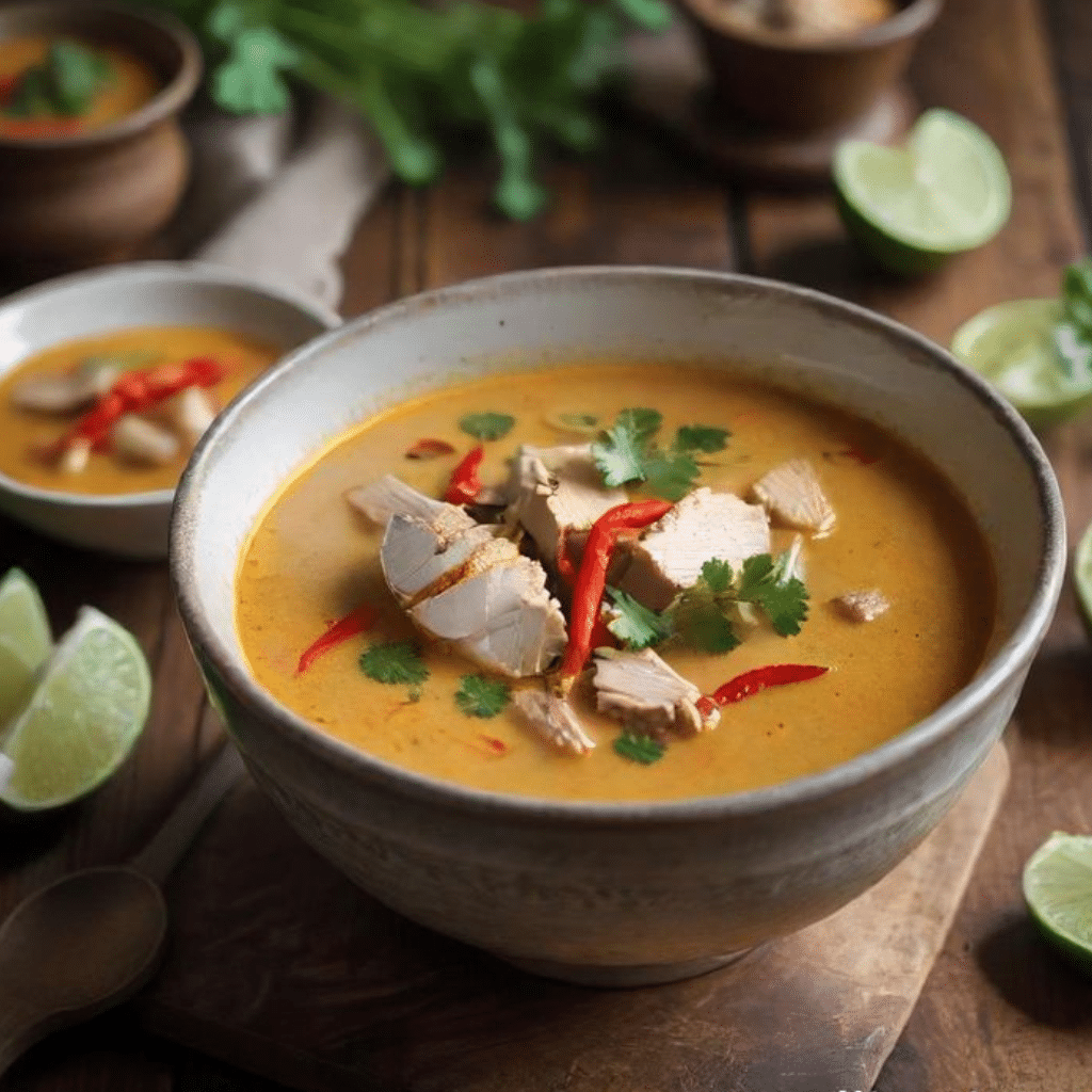 Thai Chicken Curry Soup with coconut milk, chicken, and fresh herbs
