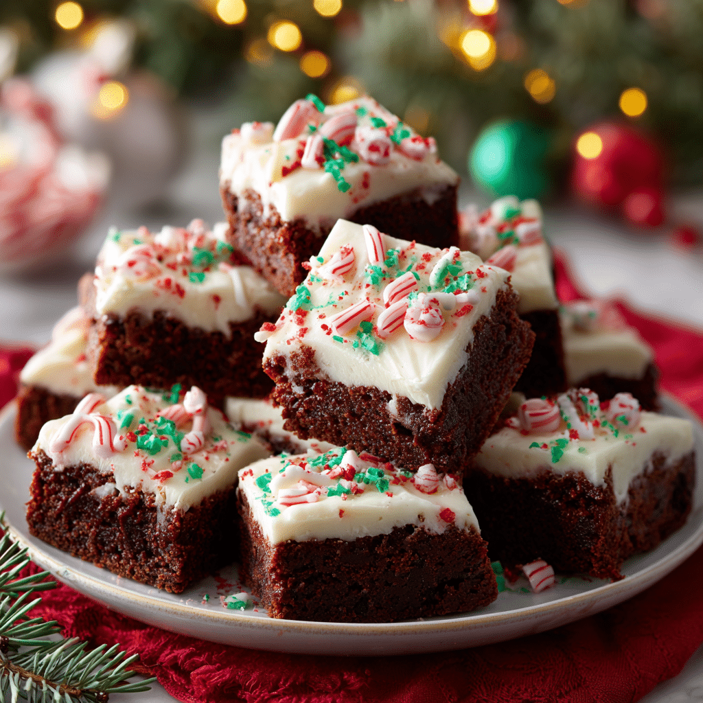 Frosted Christmas Brownies with festive holiday decorations