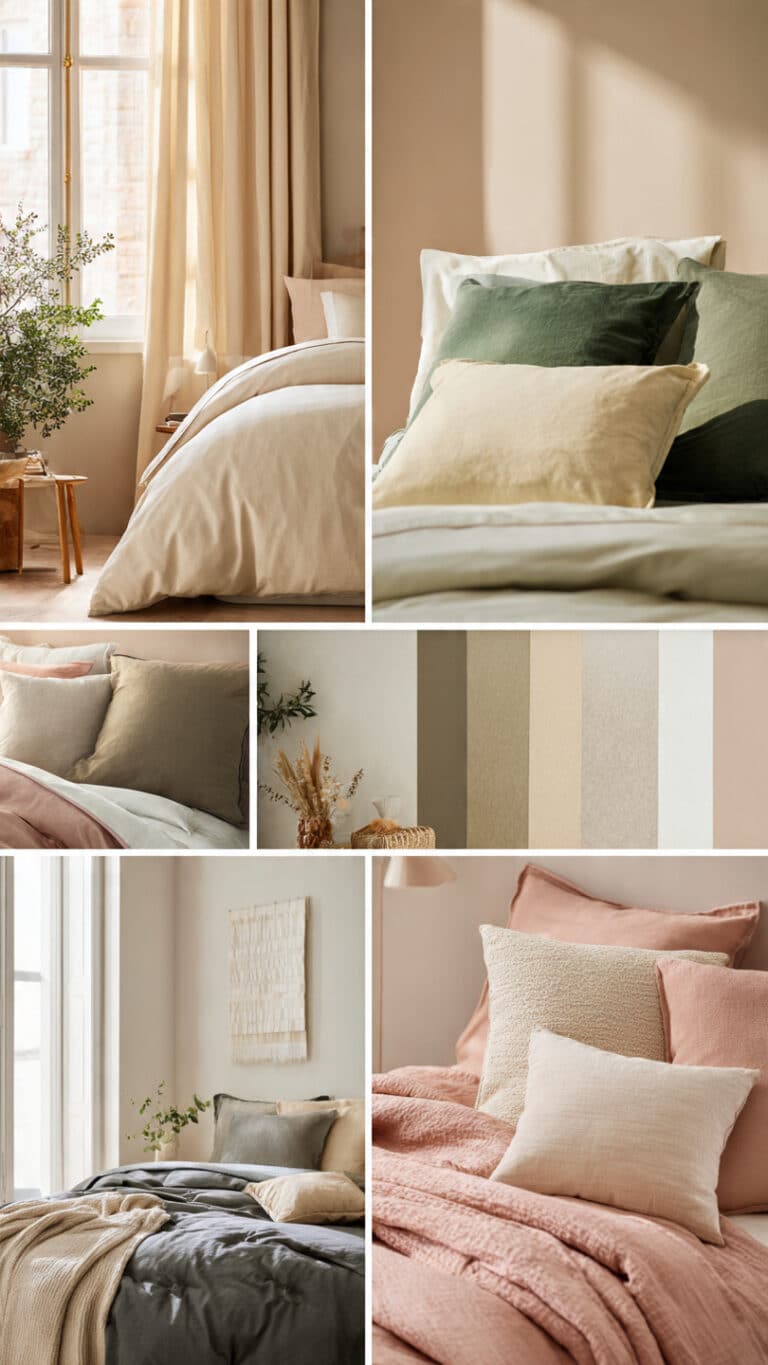 a chic bedroom interior divided into soft color se
