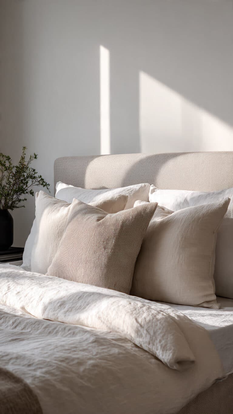 cozy luxury minimalist bedroom with neutral beige