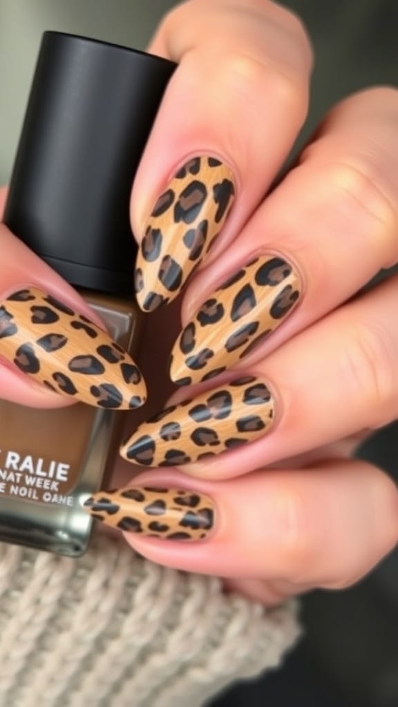 Close-up of almond nails with a leopard print design in brown and black.