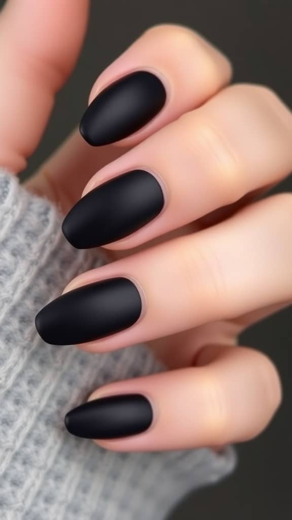 Close-up of stylish matte black almond nails