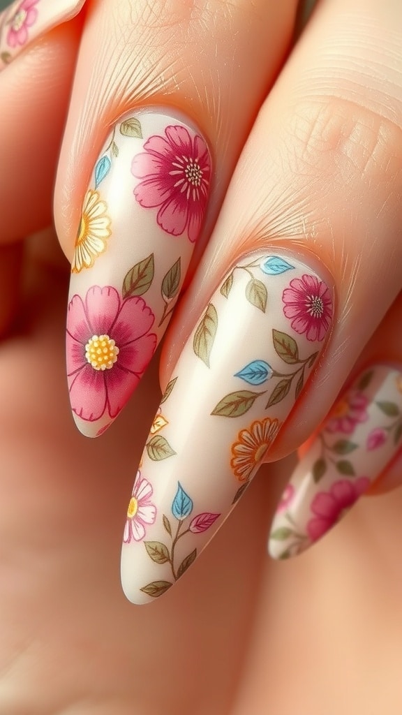 Close-up of almond nails featuring intricate floral patterns in soft colors.