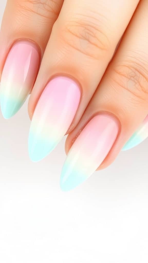 Beautiful pastel ombre almond nails featuring soft pink and mint shades.