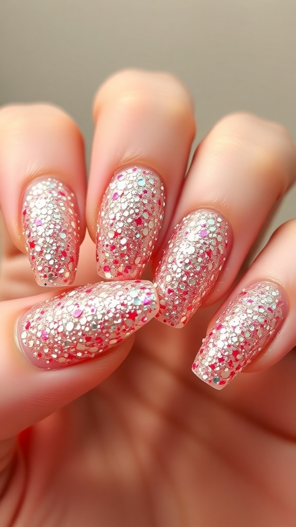 A close-up of hands with glittery almond nails featuring silver, pink, and holographic glitter.